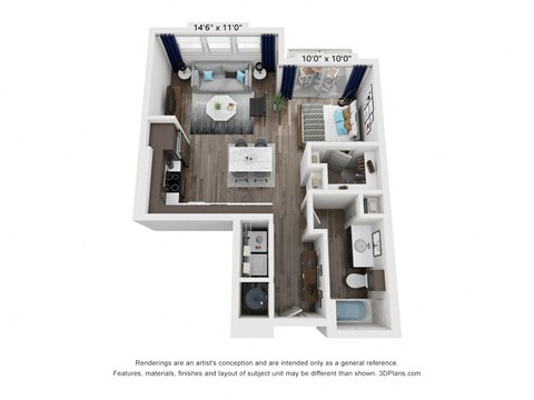 A floor plan of a small apartment with a kitchen, living room, and two bedrooms.